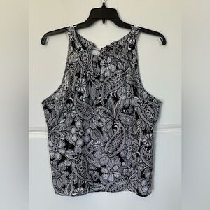 Talbots Black & White Floral Halter Tank Top for women with gold metallic thread